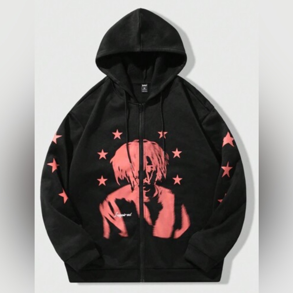 Romwe Street Life Men's Character Print Black Hoodie Zip Up